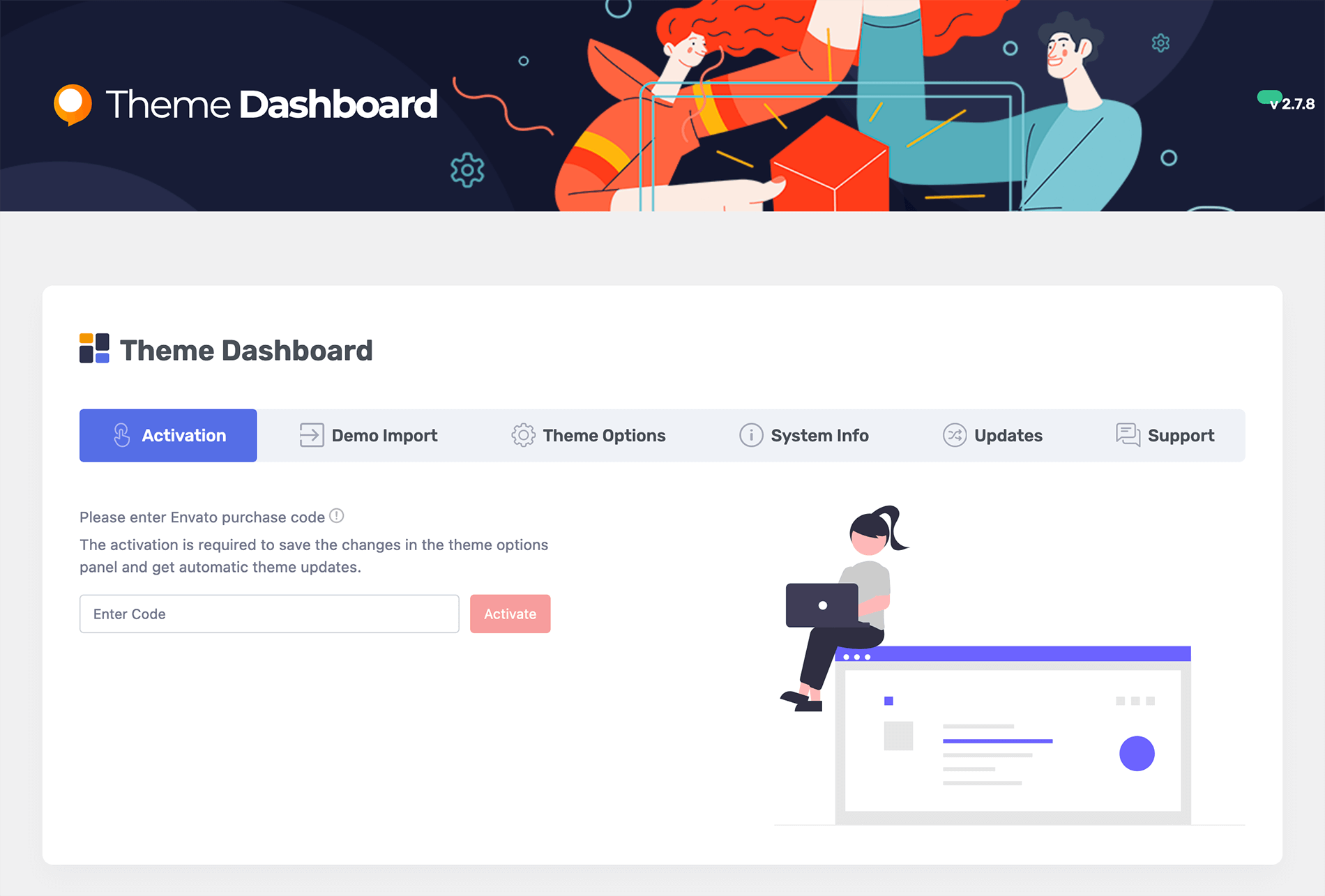 Ewebot WordPress theme dashboard